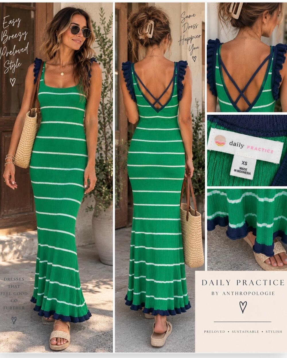 Anthropologie Daily Practice Green Striped Ribbed Knit Maxi Dress XXS